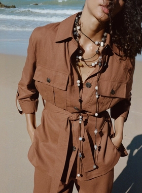 ZA外贸出口3046075新品女装配腰带亚麻混纺游猎装款衬衫 3046175