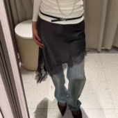 ZA外贸出口女装 9698606 多色选丝缎质感垂性抗皱不对称蕾丝半身裙