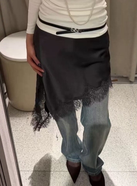 ZA外贸出口女装多色选丝缎质感垂性抗皱不对称蕾丝半身裙 9698606