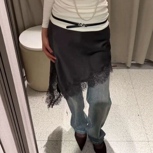 丝缎质感抗皱不对称蕾丝半身裙