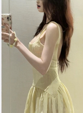 ZA外贸出口女装度假风淡黄露背方领吊带迷笛连衣裙4813323 727
