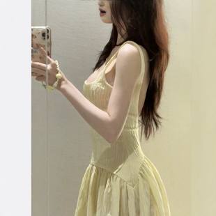 ZA外贸出口女装 727 度假风淡黄露背方领吊带迷笛连衣裙4813323