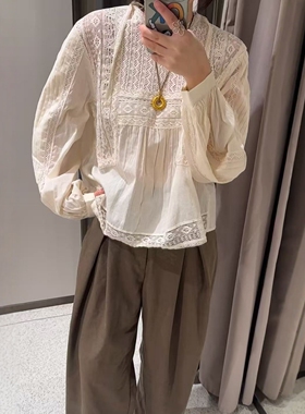 ZA外贸出口女装新款田园休闲风宽松钩花镂空刺绣衬衫6895047 715