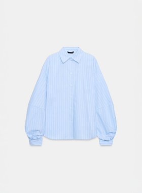 ZA外贸出口女装新款浅蓝色休闲宽松男友风泡泡袖条纹衬衫2126845