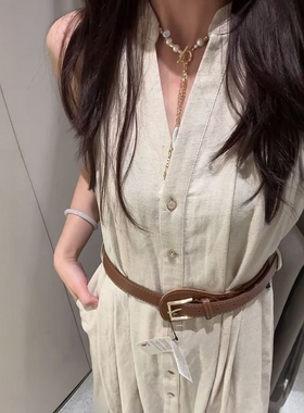 ZA外贸出口女装无袖排扣休闲舒适感亚麻配腰带迷笛连衣裙 8137775
