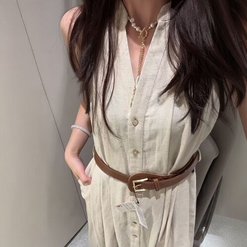 排扣休闲亚麻配腰带迷笛连衣裙