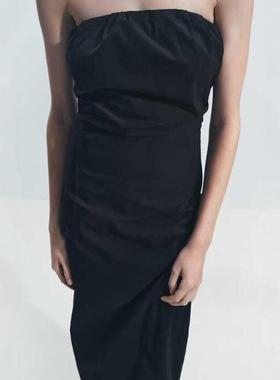 ZA外贸出口秋季新品女装褶皱装饰显瘦微收腰抹胸连衣裙8810460