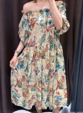 ZA外贸出口波西米亚风休闲一字肩度假苎麻印花连衣裙8190860 711