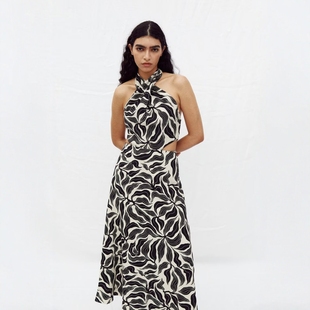 ZA外贸出口女装 3625664 气质感黑白撞色亚麻混纺挂脖领迷笛连衣裙