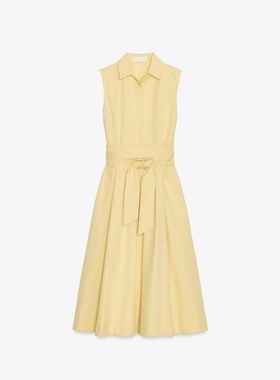 ZA外贸出口女装通勤风高级感鹅黄色配腰带衬衫式连衣裙 4043072