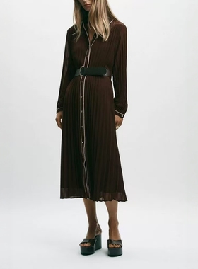 ZA外贸出口女装暗红咖妃撞色饰边配腰带褶皱迷笛连衣裙4387225