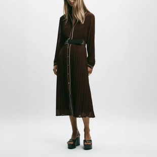 ZA外贸出口女装 暗红咖妃撞色饰边配腰带褶皱迷笛连衣裙4387225