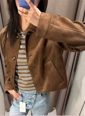 ZA外贸出口女装美式工装风高级感打蜡绒面效果夹克外套 8372286