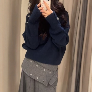 5536163 柔软触感排扣针织衫 400 休闲舒适立领长袖 ZA外贸出口女装