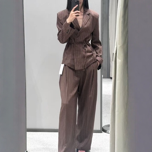 外套2010721507 复古细条纹带垫肩细腰带西装 ZA外贸出口女装 美式