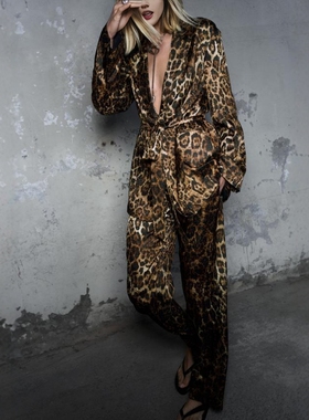 ZA外贸出口女装高级感豹纹印花提花配腰带风衣式西装外套8640156