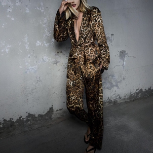 外套8640156 西装 ZA外贸出口女装 高级感豹纹印花提花配腰带风衣式