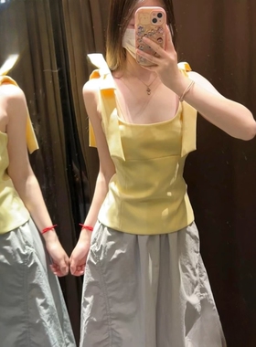 ZA外贸出口新款女装气质温柔蝴蝶结绑带弹力方领上衣2912777 250