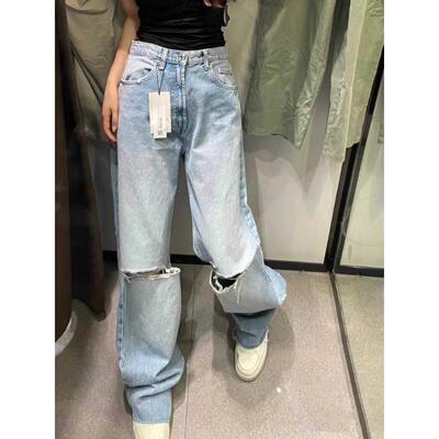 柜货！宽松阔腿破洞牛仔裤