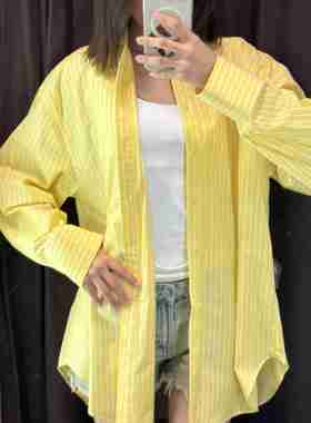 ZA外贸出口新品女装男友风多巴胺黄色条纹休闲大码衬衫3217253