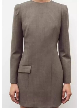 ZA外贸出口新品行政商务风单口袋饰羊毛混纺垫肩连衣裙女2323261