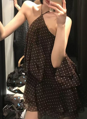 ZA外贸出口复古显白巧克力波点叠层装饰挂脖领连衣裙4661311 747