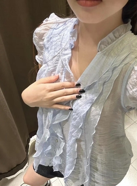 ZA外贸出口新品女装木耳锁边装饰淡蓝色叠层垂性上衣5029108 423