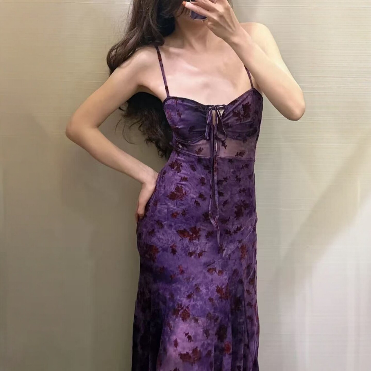 ZA外贸出口女烟熏淡紫挂脖吊带弹力收腰植绒绢网长连衣裙 1131311