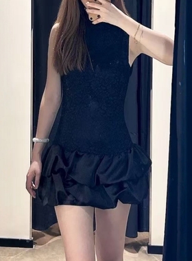 ZA外贸出口女装新品芭蕾风修身高领性感拼接蕾丝短连衣裙4661266