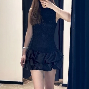 高领性感拼接蕾丝短连衣裙4661266 芭蕾风修身 ZA外贸出口女装 新品