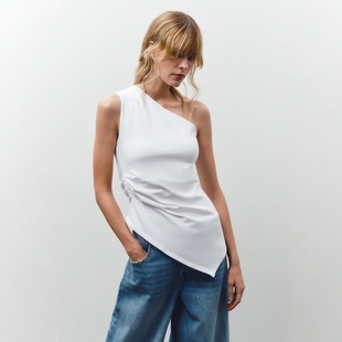 饰不对称上衣0085182 甜辣纯欲斜肩露肩褶皱装 ZA外贸出口新品 女装