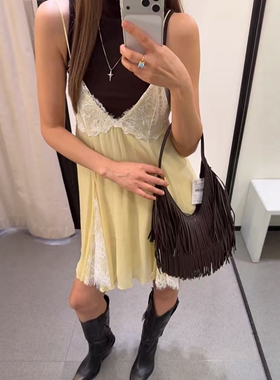 ZA外贸出口女装新款明黄色性感蕾丝深V吊带拼接短连衣裙4772321