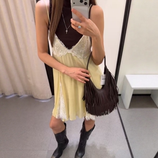 ZA外贸出口女装 明黄色性感蕾丝深V吊带拼接短连衣裙4772321 新款