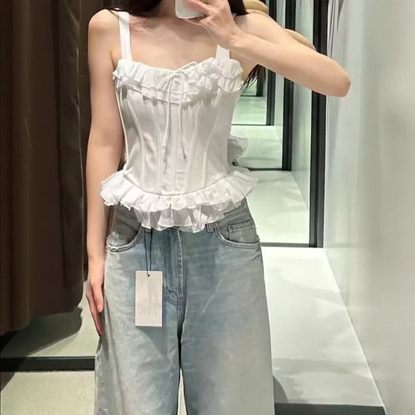 ZAS2外贸出口女新品木耳边堆堆领鱼骨腰线叠层宽肩带上衣4661050
