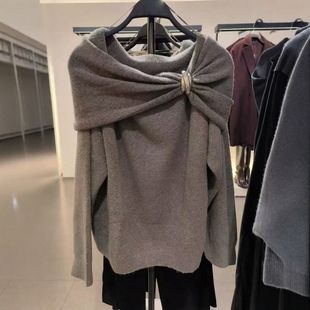 3653107 纯欲一字肩金属镶饰露肩针织衫 ZA外贸出口女装 秋冬法式