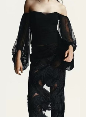 ZA外贸出口女装新款法式一字肩辣妹风短款直筒领垂性上衣4770808