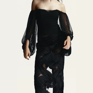 一字肩辣妹风短款 法式 直筒领垂性上衣4770808 新款 ZA外贸出口女装