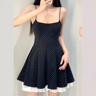 ZA外贸出口女装 084 假两件小吊带甜美波点拼接连衣裙4772838