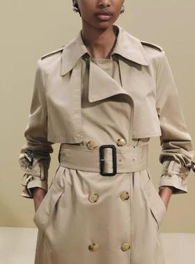 ZA外贸出口秋季通勤商务行政风翻领配腰带经典长款风衣女3811257