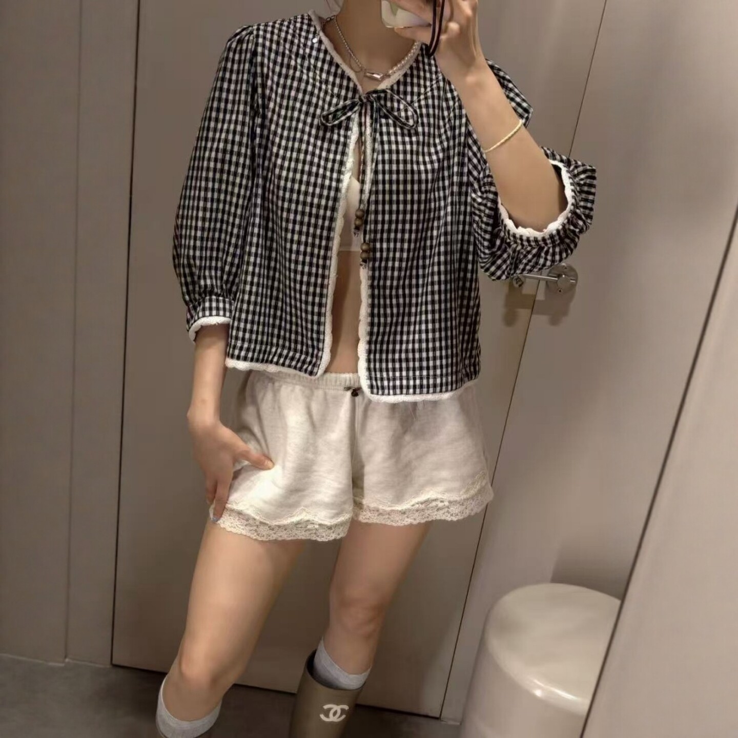 ZA外贸出口女装新品南法田园法式复古钩针拼接小格纹外套3046105