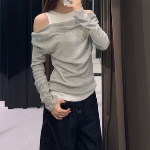 ZA外贸出口假两件打底外穿修身 不对称双层效果T恤5644898 圆领长袖