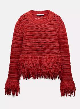 ZA外贸出口秋冬新款女装出众红色毛衣流苏镂空短款针织衫1822102