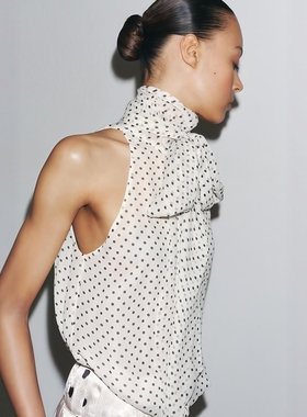 ZA外贸出口新品薄纱高定材质气质感围巾波点挂脖领上衣女5289046