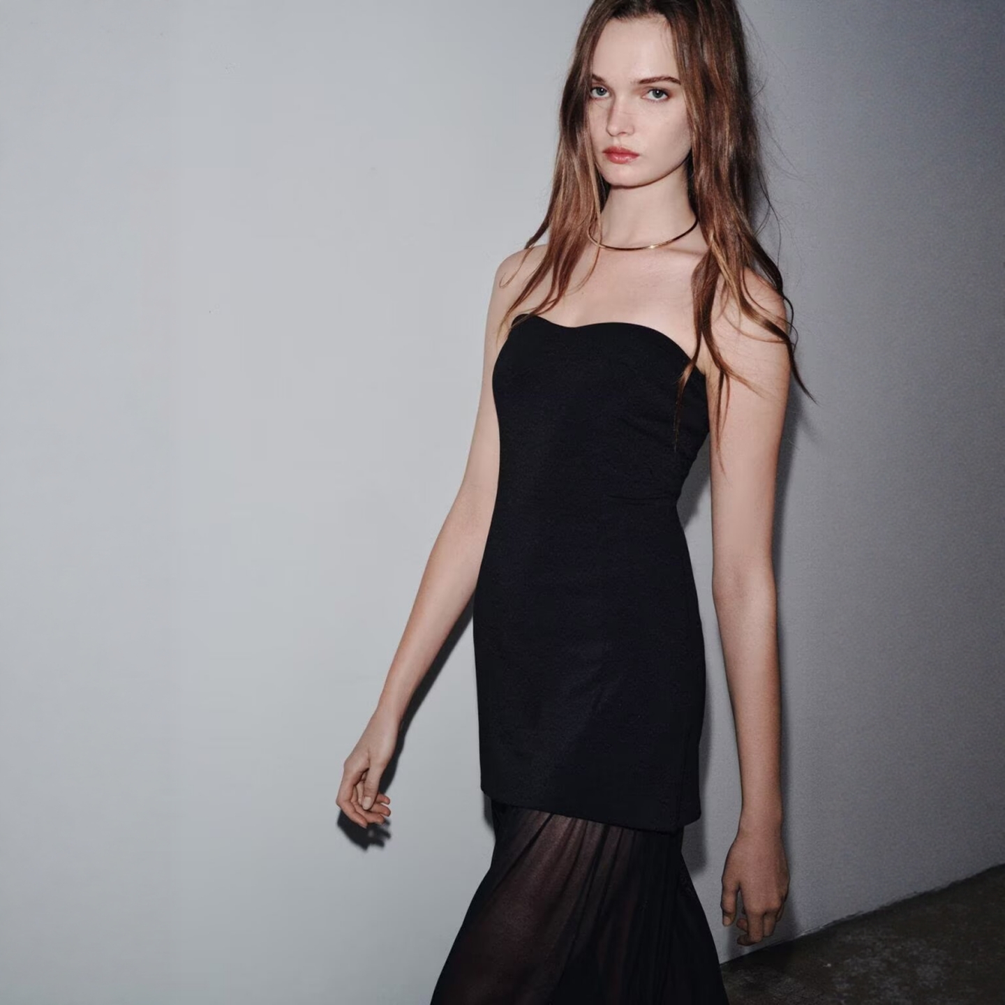 法式纯欲一字领拼接抹胸连衣裙