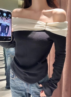 ZA外贸出口法式一字领撞色直领露肩长袖搭扣饰软质上衣女 0264404