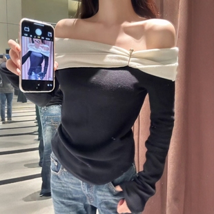 0264404 搭扣饰软质上衣女 ZA外贸出口法式 一字领撞色直领露肩长袖