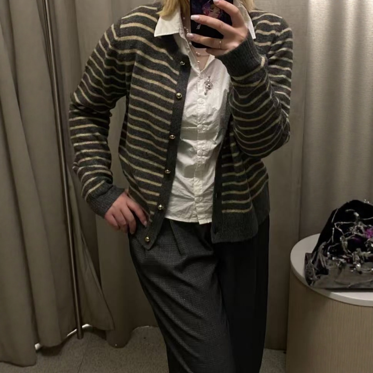羊毛混纺居家休闲条纹针织外套