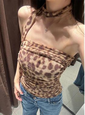 ZA外贸出口海边度假豹纹修身网纱挂脖抹胸辣妹上衣一字肩5039475