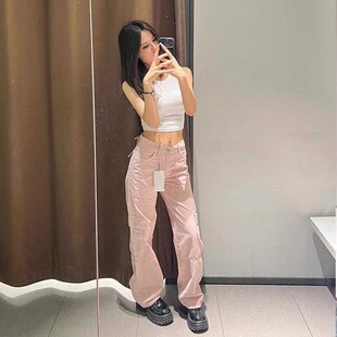 5520064 裤 622 辣妹复古口袋饰中腰直筒牛仔工装 ZA外贸出口美式