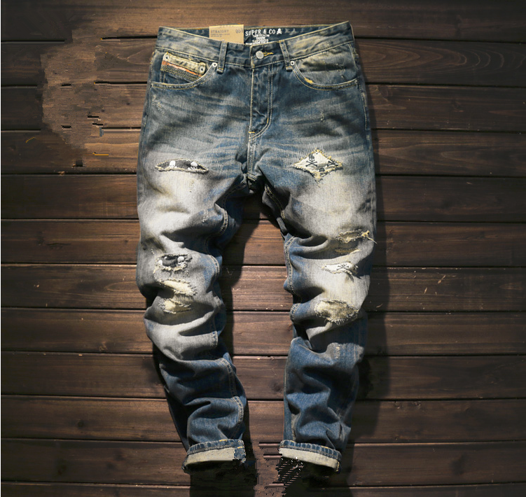 日系潮牌陈冠希骷髅头补丁破洞刮烂直筒修身青年牛仔裤长裤子男潮